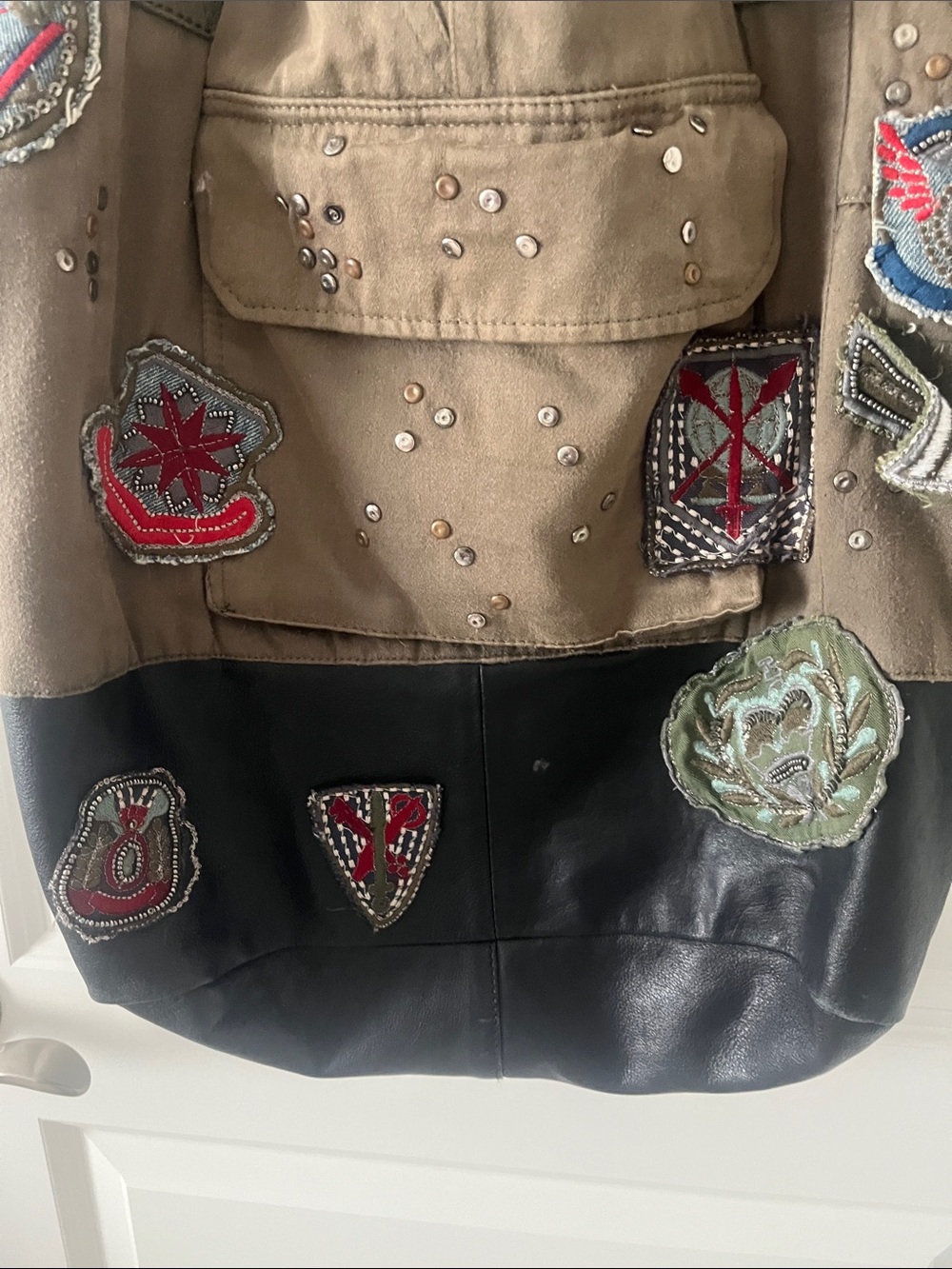 Free People Khaki and Black Patchwork Tote with Embroidered Patches - Picture 10 of 12